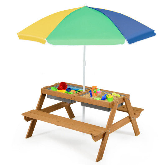 3-in-1 Kids Outdoor Picnic Water Sand Table with Umbrella Play Boxes-Yellow - Color: Yellow - Minihomy