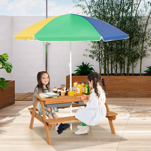 3-in-1 Kids Outdoor Picnic Water Sand Table with Umbrella Play Boxes-Yellow - Color: Yellow - Minihomy