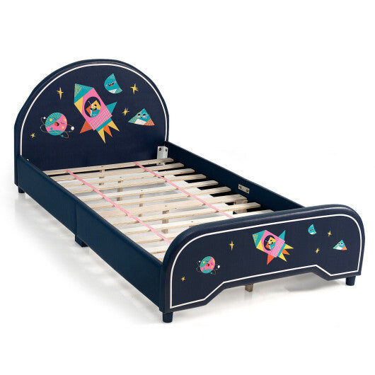 Kids Twin Size Upholstered Platform Bed with Rocket Pattern