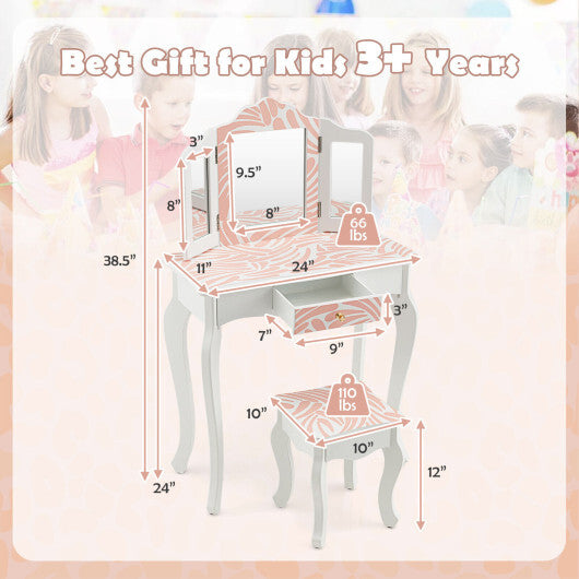 2-in-1 Kids Vanity Table Set with Tri-folding Mirror-Pink - Color: Pink - Minihomy