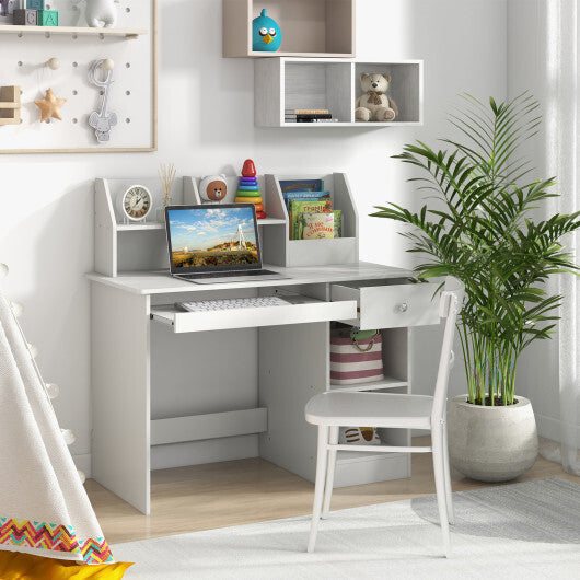 Kids Study Desk Children Writing Table with Hutch Drawer Shelves and Keyboard Tray-White - Color: White