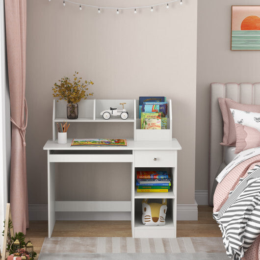 Kids Study Desk Children Writing Table with Hutch Drawer Shelves and Keyboard Tray-White - Color: White - Minihomy