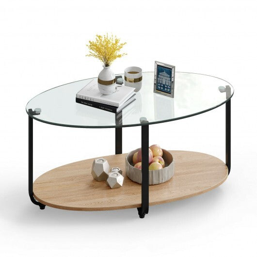 2-Tier Glass-Top Oval Coffee Table with Wooden Shelf for Living Room