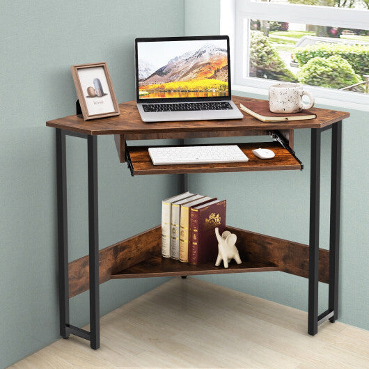 Triangle Corner Desk with Charging Station Keyboard Tray and Storage Shelf-Rustic Brown - Color: Rustic Brown