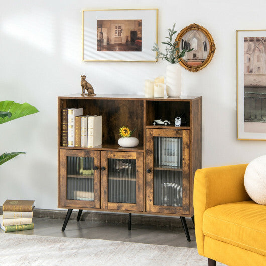 Buffet Kitchen Storage Cupboard with Glass Door and Adjustable Shelves-Rustic Brown - Minihomy