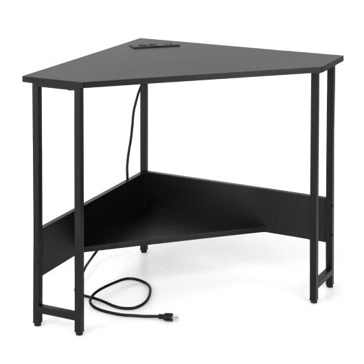 Triangle Computer Corner Desk with Charging Station-Black - Color: Black