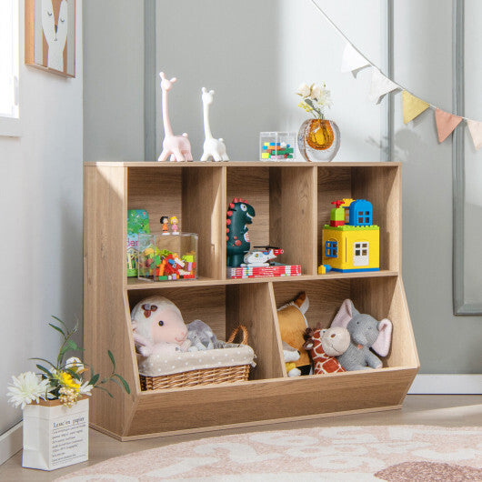 5-Cube Wooden Kids Toy Storage Organizer with Anti-Tipping Kits-Natural - Color: Natural