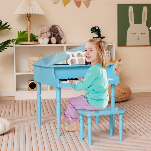 30-Key Wood Toy Kids Grand Piano with Bench and Music Rack-Blue - Color: Blue - Minihomy