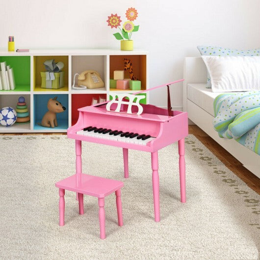 30-Key Wood Toy Kids Grand Piano with Bench & Music Rack-Pink - Color: Pink - Minihomy