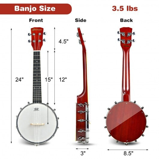 24 Inch Sonart 4-String Banjo Ukulele with Remo Drumhead and Gig Bag - Minihomy