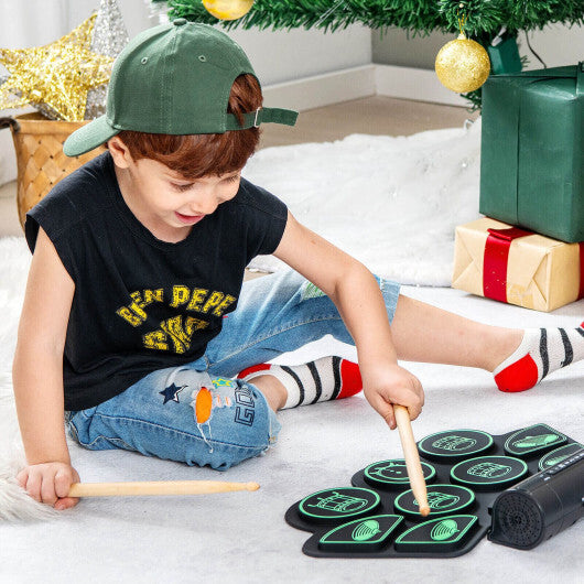 Electronic Drum Set with 2 Build-in Stereo Speakers for Kids-Green - Color: Green - Minihomy