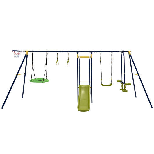 7-in-1 Stable A-shaped Outdoor Swing Set for Backyard - Color: Blue - Minihomy