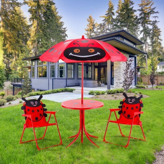 Kids Patio Folding Table and Chairs Set Beetle with Umbrella - Color: Red