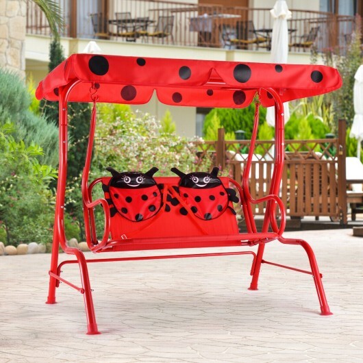 2 Person Kids Patio Swing Porch Bench with Canopy - Color: Red - Minihomy