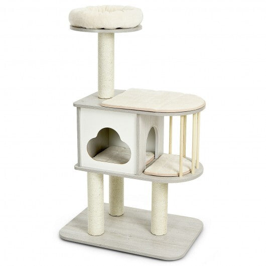 46 Inch Wooden Cat Activity Tree with Platform and Cushionsfor for Cats and Kittens - Color: Gray - Minihomy