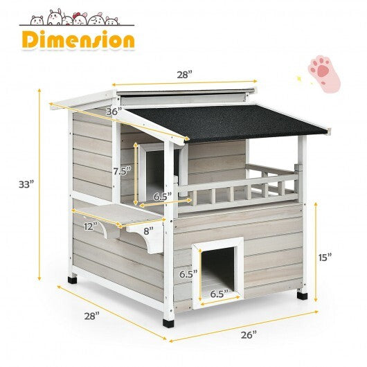 2-Story Wooden Patio Luxurious Cat Shelter House Condo with Large Balcony - Minihomy