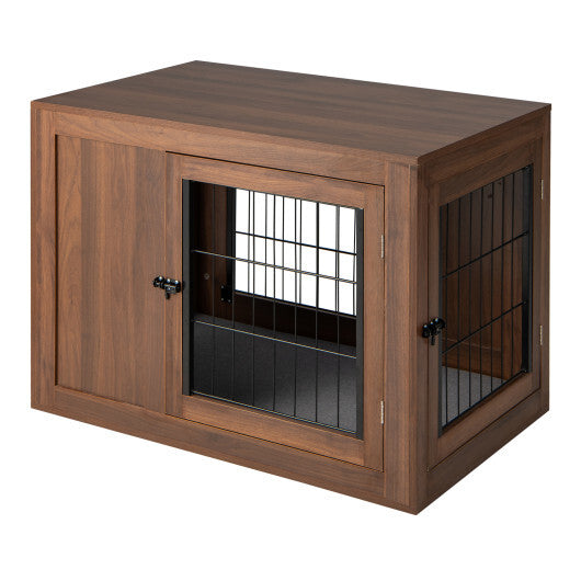 Furniture Dog Crate with Cushion and Double Doors-Walnut - Color: Walnut