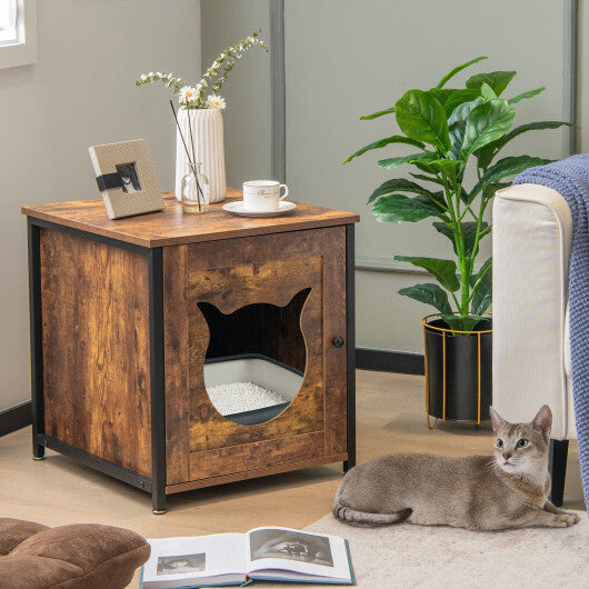 Cat Litter Box Enclosure with Door and Ventilated Hole-Brown - Color: Brown