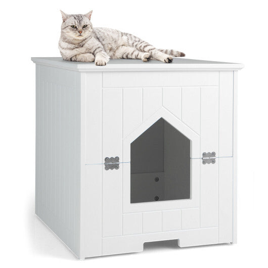 Cat Litter Box Enclosure with Flip Magnetic Half Door-White - Color: White