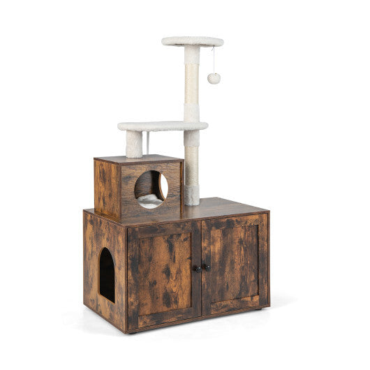 Cat Tree with Litter Box Enclosure with Cat Condo-Rustic Brown - Color: Rustic Brown - Minihomy