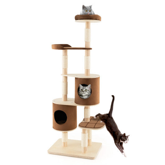 6-Tier Wooden Cat Tree with 2 Removeable Condos Platforms and Perch-Brown - Color: Brown - Minihomy