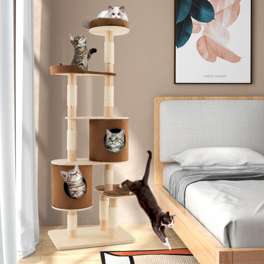 6-Tier Wooden Cat Tree with 2 Removeable Condos Platforms and Perch-Brown - Color: Brown - Minihomy