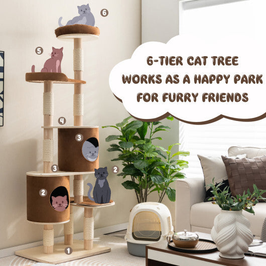 6-Tier Wooden Cat Tree with 2 Removeable Condos Platforms and Perch-Brown - Color: Brown - Minihomy