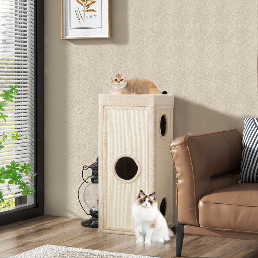 39" Tall Cat Condo with Scratching Posts and 3 Hideaways and 4 Soft Plush Cushions-Natural - Color: Natural - Minihomy