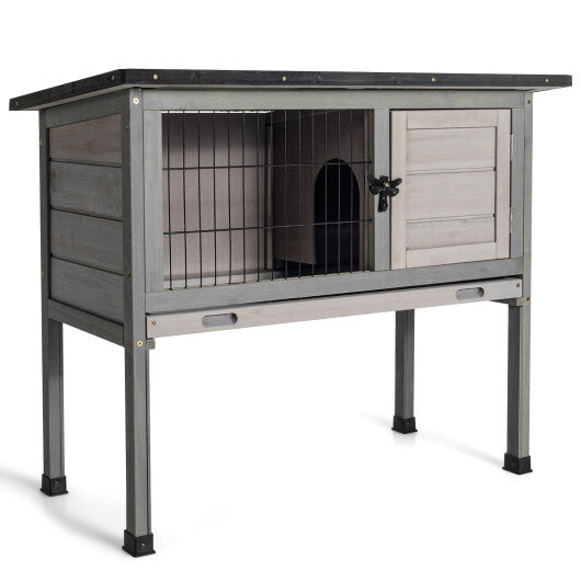 Small Elevated Rabbit Hutch with Hinged Asphalt Roof and Removable Tray - Color: Gray