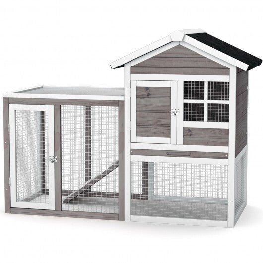 2-Story Wooden Rabbit Hutch with Running Area-Gray - Color: Gray - Minihomy