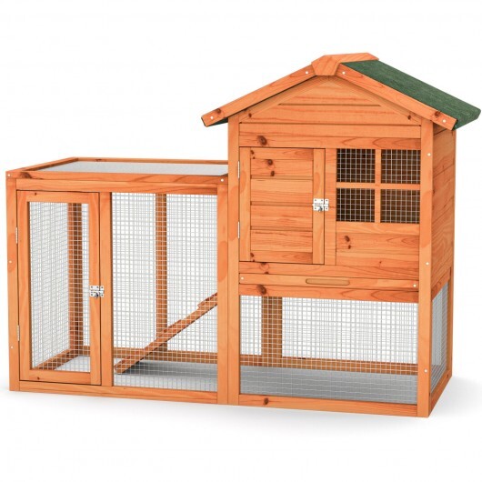 2-Story Wooden Rabbit Hutch with Running Area-Natural - Color: Natural - Minihomy