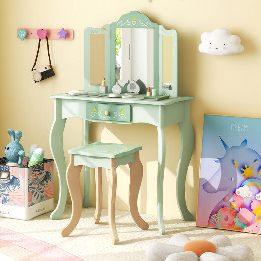 Kids Vanity Set with Tri-folding Mirror-Green - Color: Green