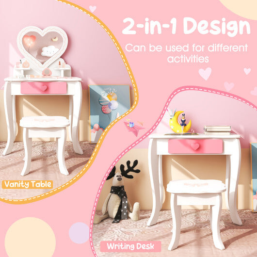 Kids Vanity Set with Heart-shaped Mirror-White - Color: White - Minihomy