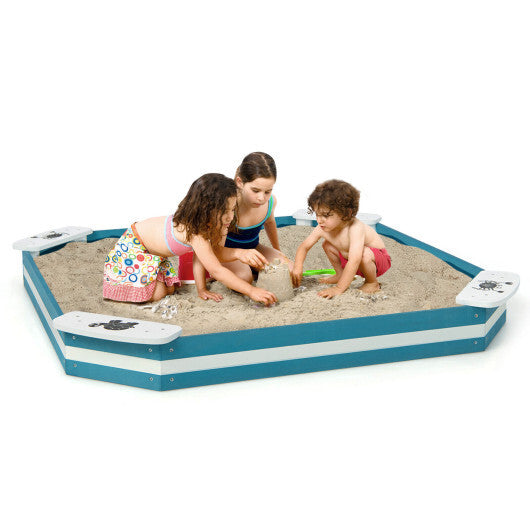 Outdoor Solid Wood Sandbox with 4 Built-in Animal Patterns Seats - Color: Blue - Minihomy