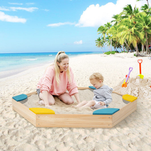 Outdoor Solid Wood Sandbox with 6 Built-in Fan-shaped Seats - Color: Multicolor - Minihomy