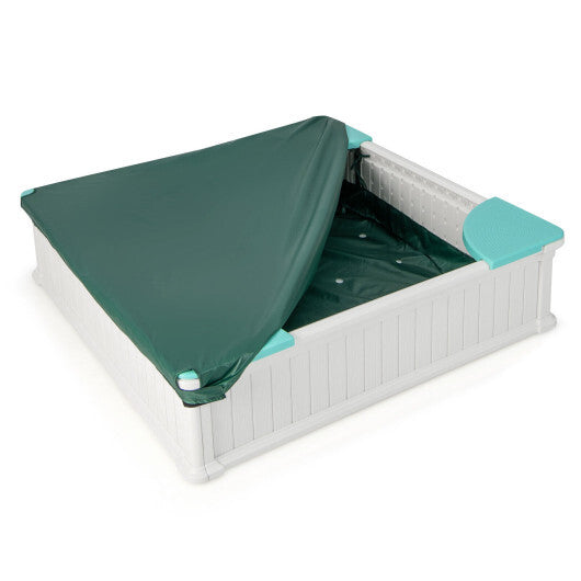 Kids Outdoor Sandbox with Oxford Cover and 4 Corner Seats-White - Color: White - Minihomy