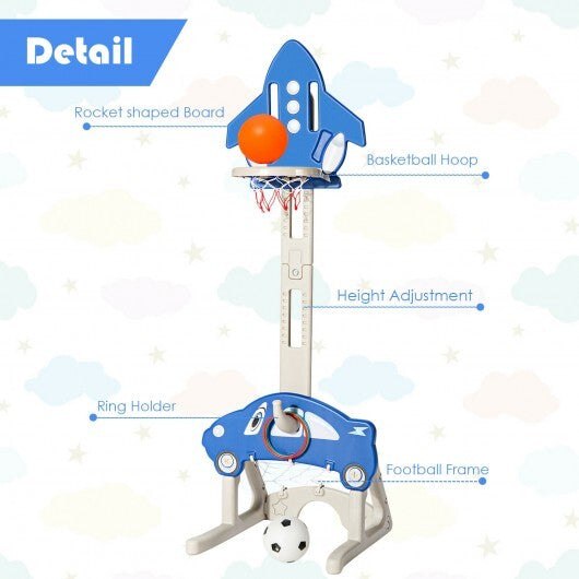 3-in-1 Basketball Hoop for Kids Adjustable Height Playset with Balls-Blue - Minihomy