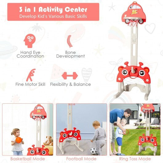 3-in-1 Basketball Hoop for Kids Adjustable Height Playset with Balls-Red - Minihomy