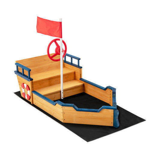 Kids Pirate Boat Wooden Sandbox Children Outdoor Playset - Color: Natural