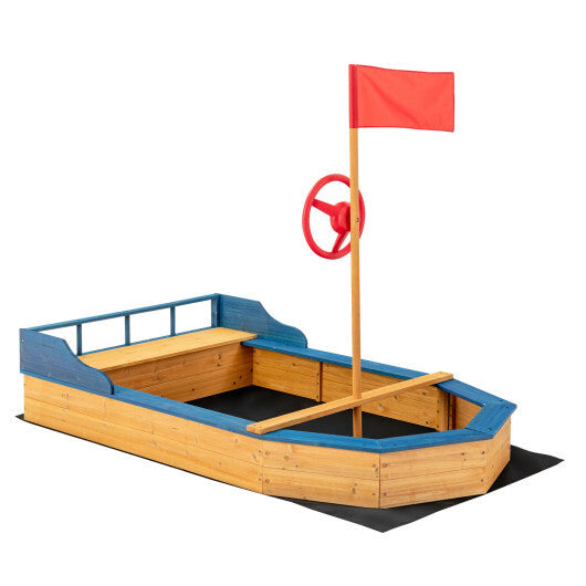 Kids' Pirate Boat Sandbox with Flag and Rudder - Color: Natural - Minihomy