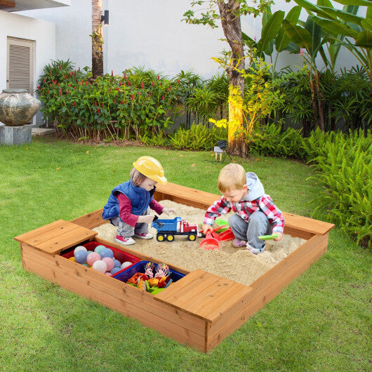 Kids Wooden Sandbox with Bench Seats and Storage Boxes - Color: Natural