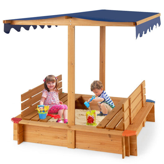 Kids Wooden Sandbox with Canopy and 2 Bench Seats - Color: Natural