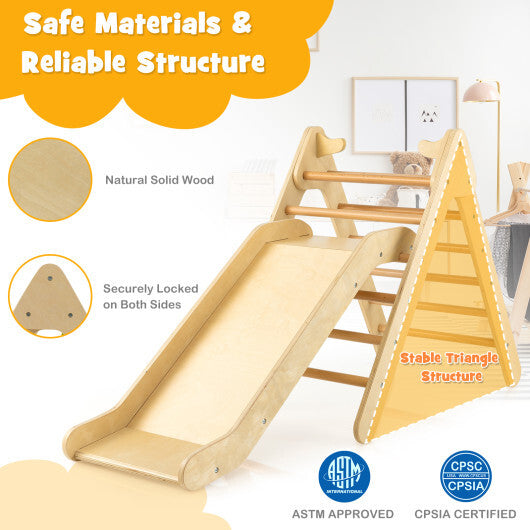 2-in-1 Wooden Triangle Climber Set with Gradient Adjustable Slide-Natural - Color: Natural - Minihomy