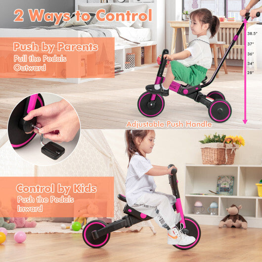 4-in-1 Kids Tricycle with Adjustable Parent Push Handle and Detachable Pedals-Pink - Color: Pink - Minihomy