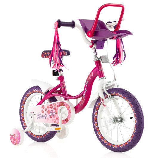 Kids Bike with Doll Seat and Removable Training Wheels-M - Color: Pink & Purple - Size: M