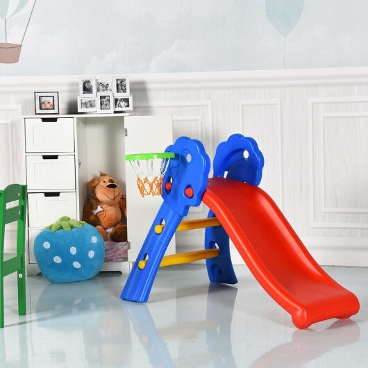 2 Step Indoors Kids Plastic Folding Slide with Basketball Hoop - Minihomy