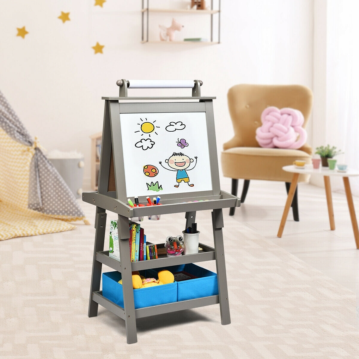 3 in 1 Double-Sided Storage Art Easel-Gray - Color: Gray - Minihomy