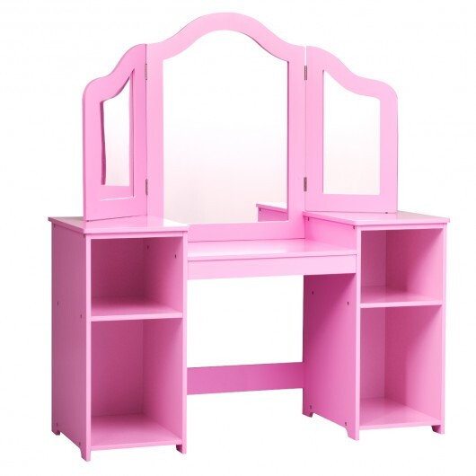 Kids Tri Folding Mirror Makeup Dressing Vanity Table Set-Pink - Color: Pink