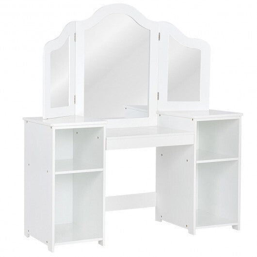 Kids Tri Folding Mirror Makeup Dressing Vanity Table Set-White - Color: White