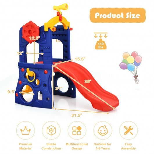 6-in-1 Freestanding Kids Slide with Basketball Hoop and Ring Toss - Color: Multicolor - Minihomy